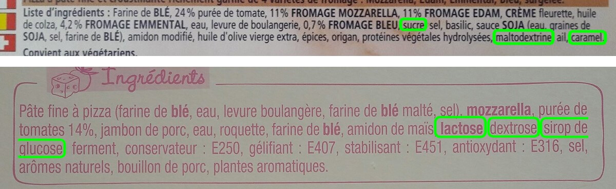 liste d'ingrédients de deux pizzas industriels